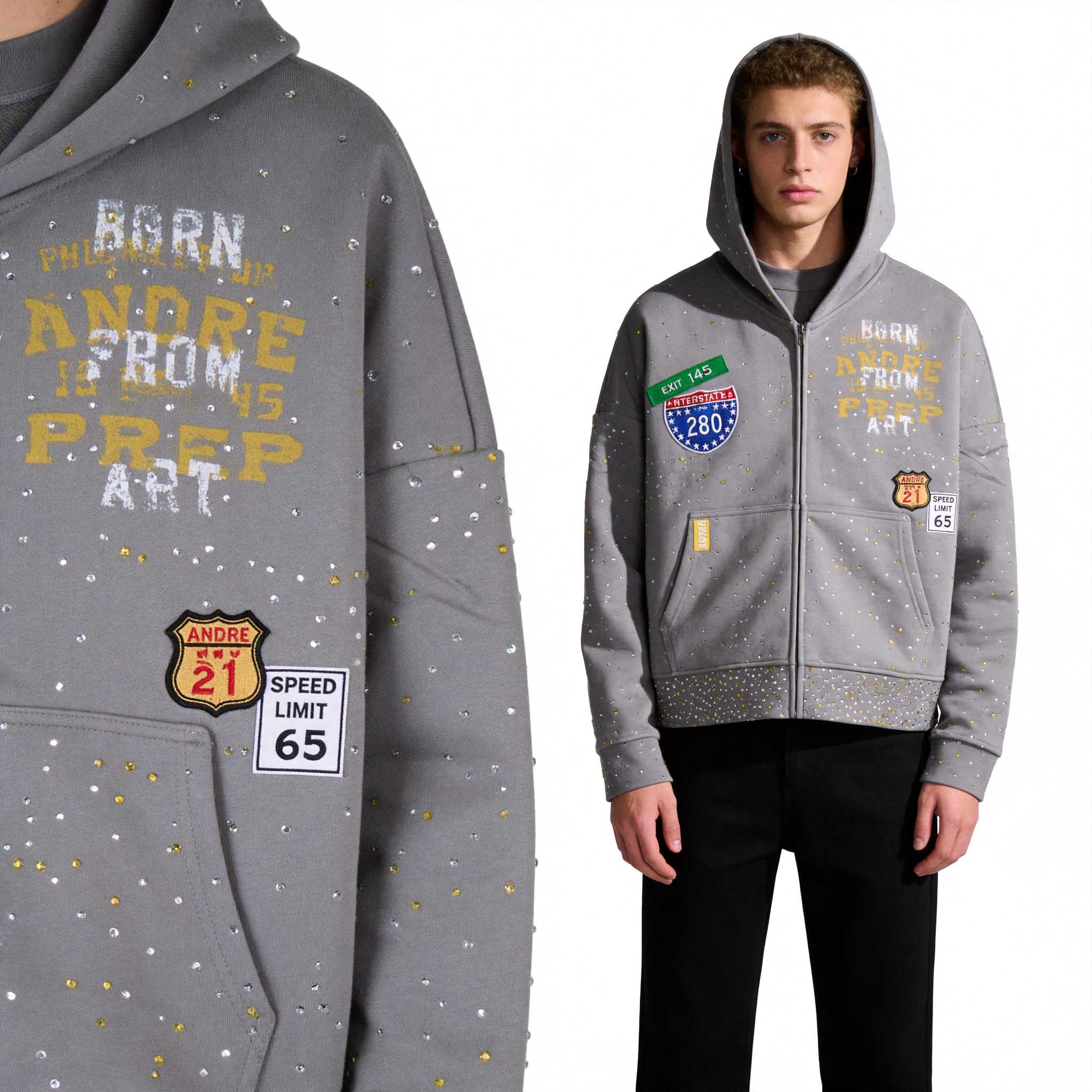Custom rhinestone zip up hoodie luxury manufacturing