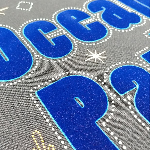 Flocked screen print on custom garments